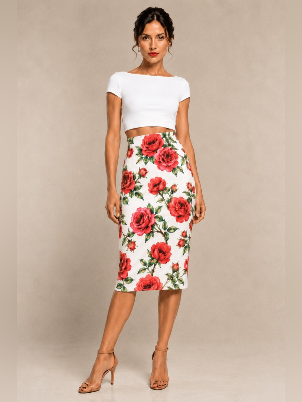 Rose Print Tango Skirt Jersey Mesh Insert High Waist - Tango with Love